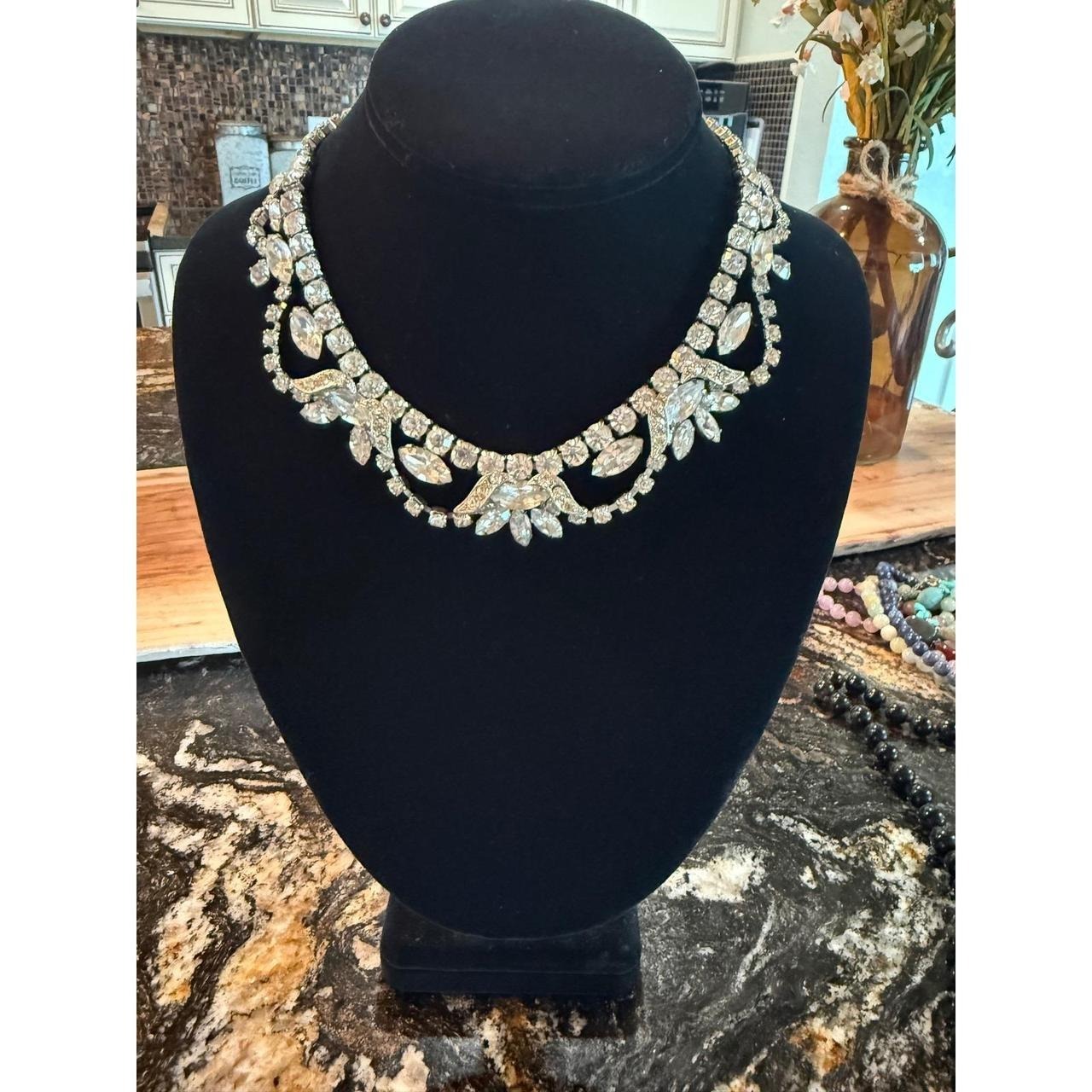 Vintage Weiss Clear Rhinestone Bib Necklace Silver Tone Crystal Statement Bridal
